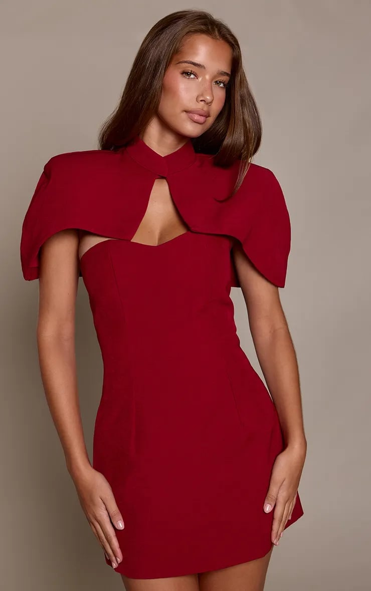 Dark Red Strapless Mini Dress with Cape Overlay — Trendy Dark Red Dress