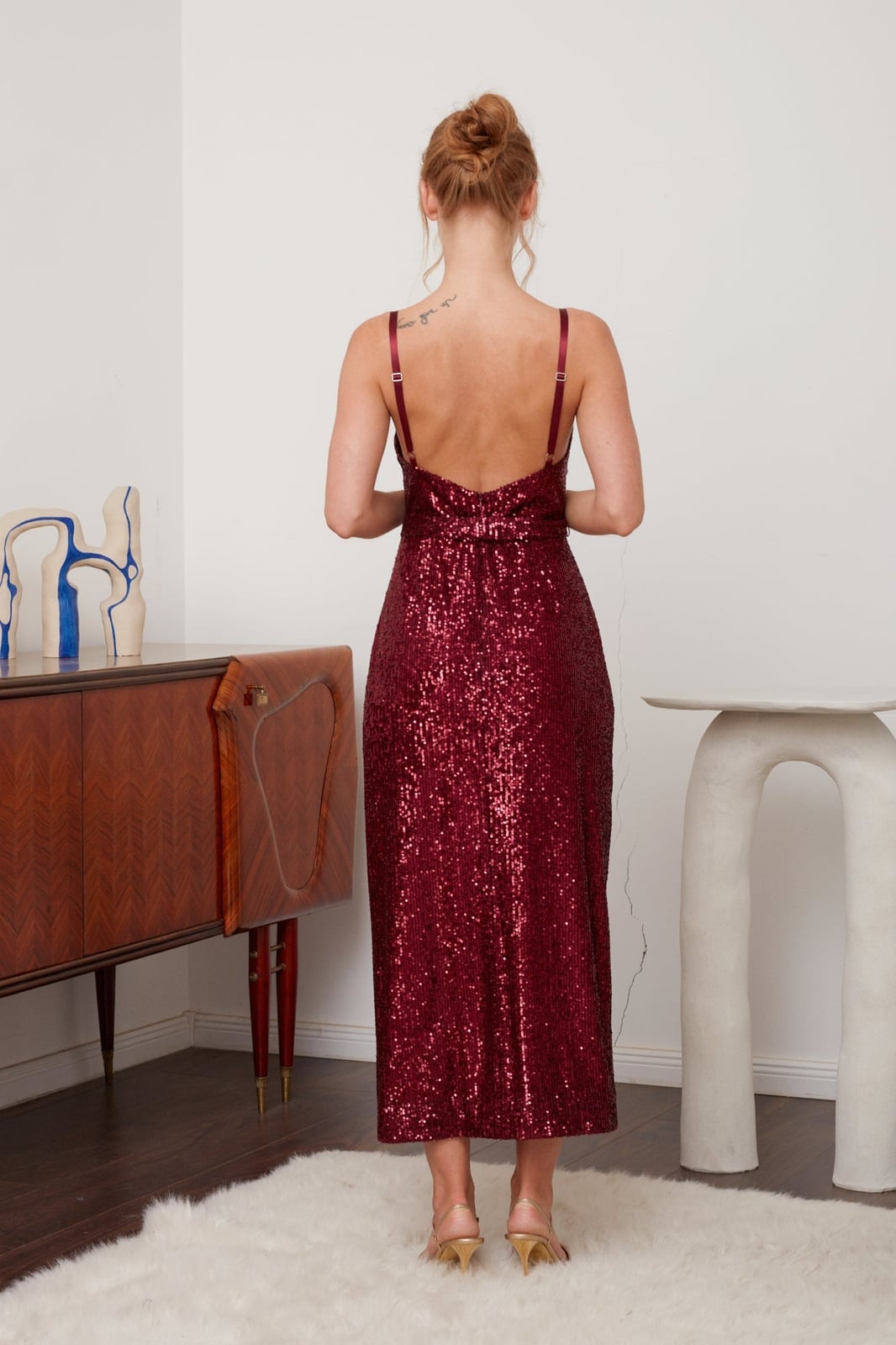 Deep Red Sequin Midi Dress with Low Back — Trendy Dark Red Dress