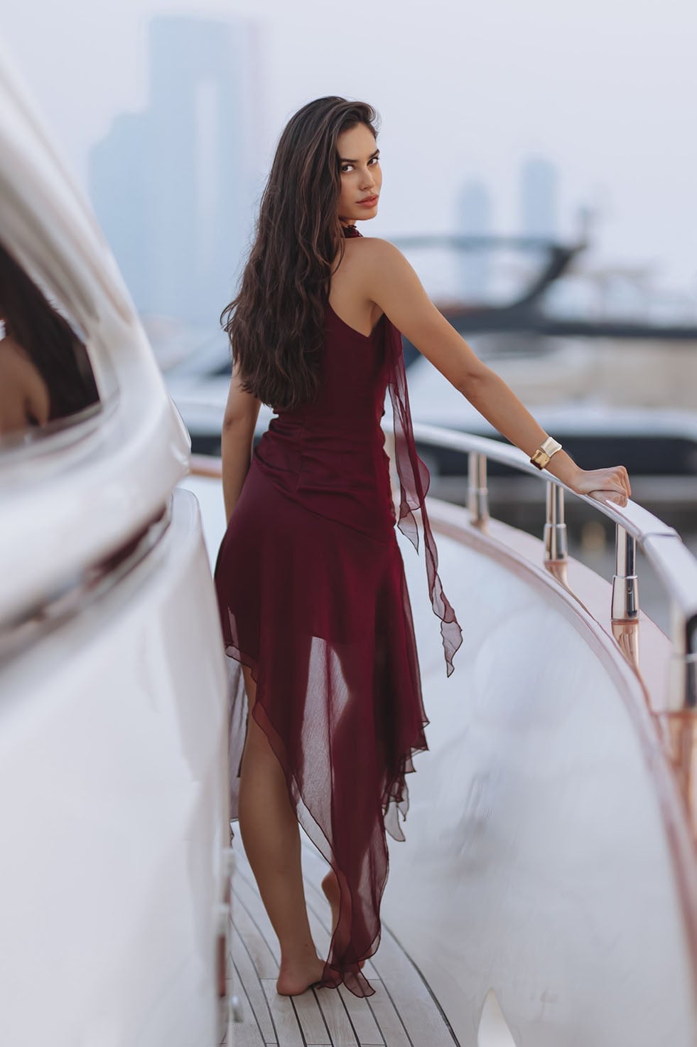 Dark Red Asymmetrical Chiffon Dress with Draping — Trendy Dark Red Dress