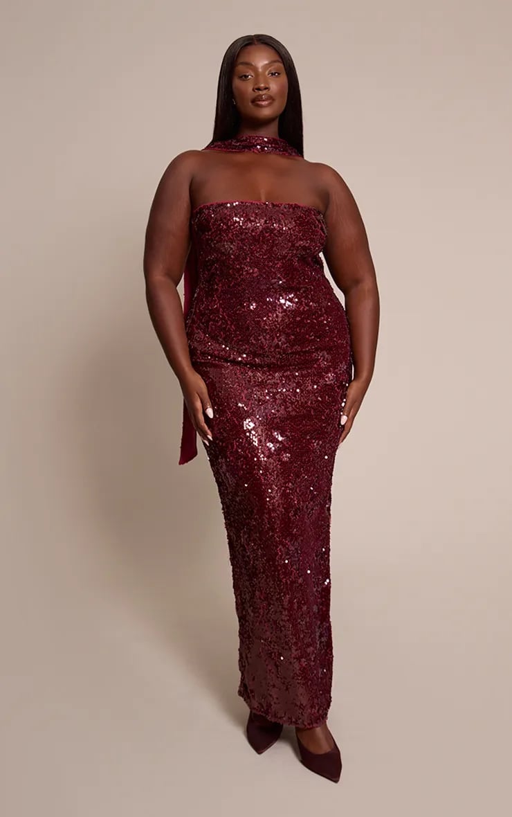 Dark Red Strapless Sequin Column Maxi Dress — Trendy Dark Red Dress