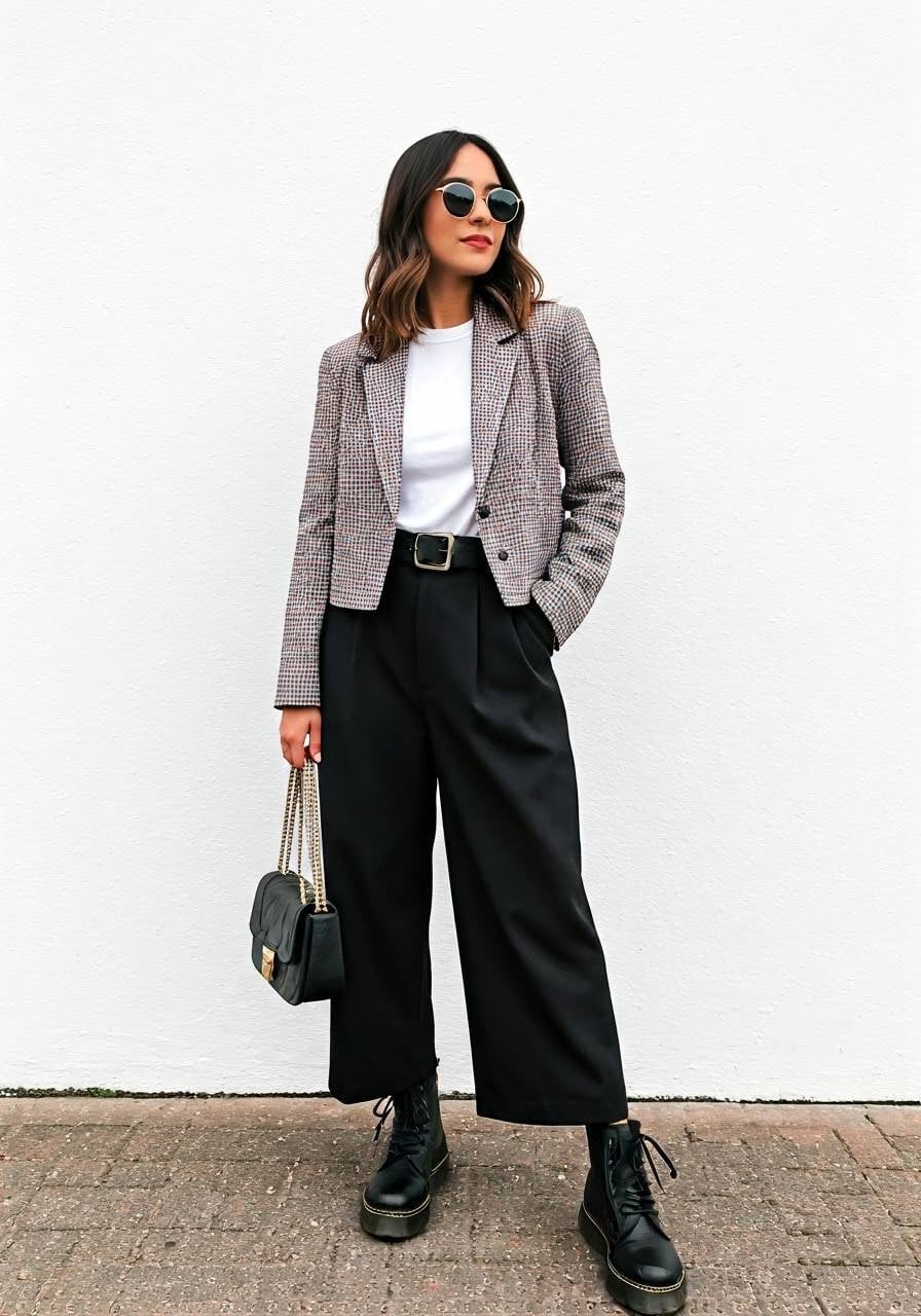 White Platform Boots With Leather Blazer And Trousers — Trendy Doc Martens Outfits