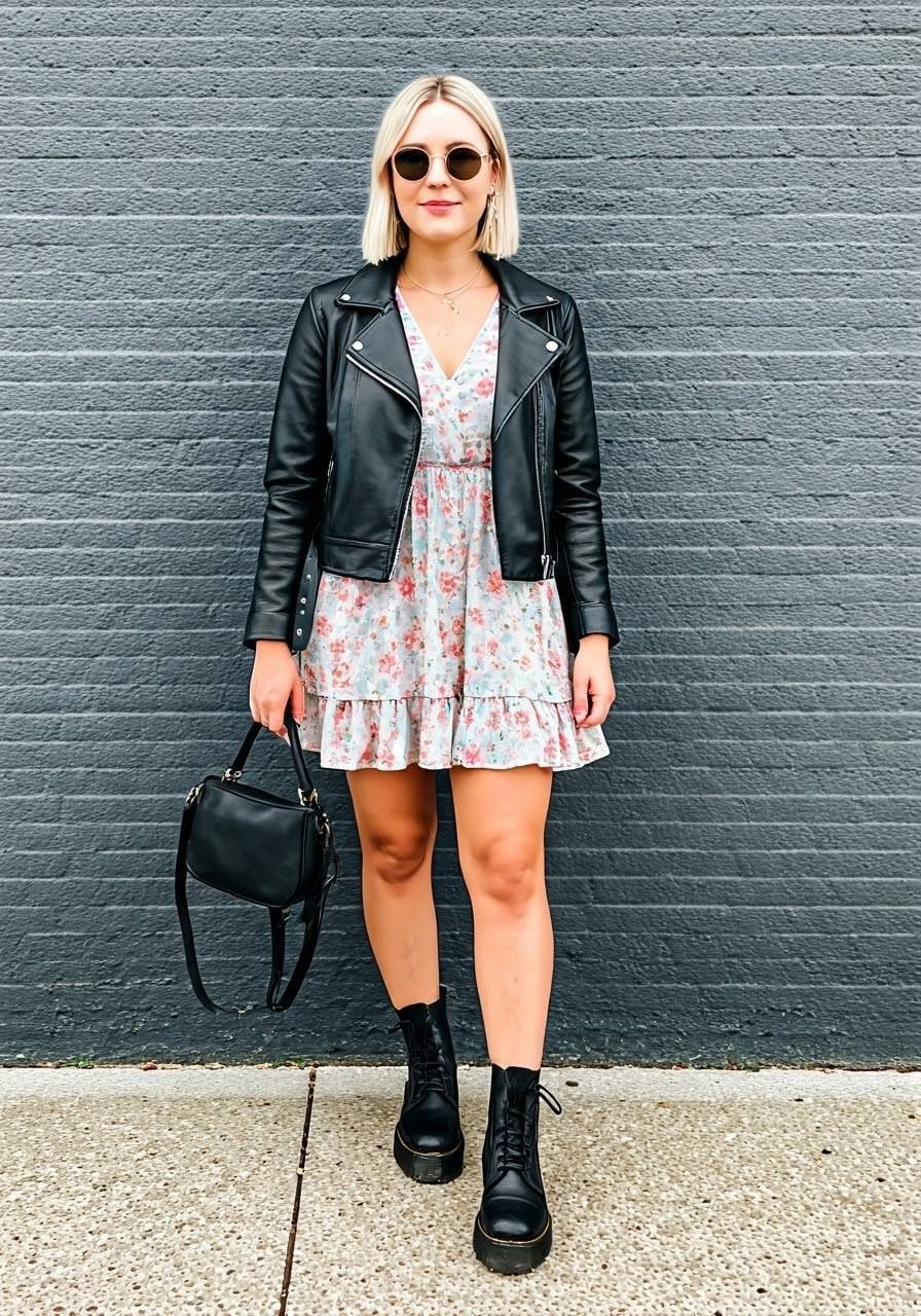 Lace-Up Platform Boots With Floral Dress And Moto Jacket — Trendy Doc Martens Outfits