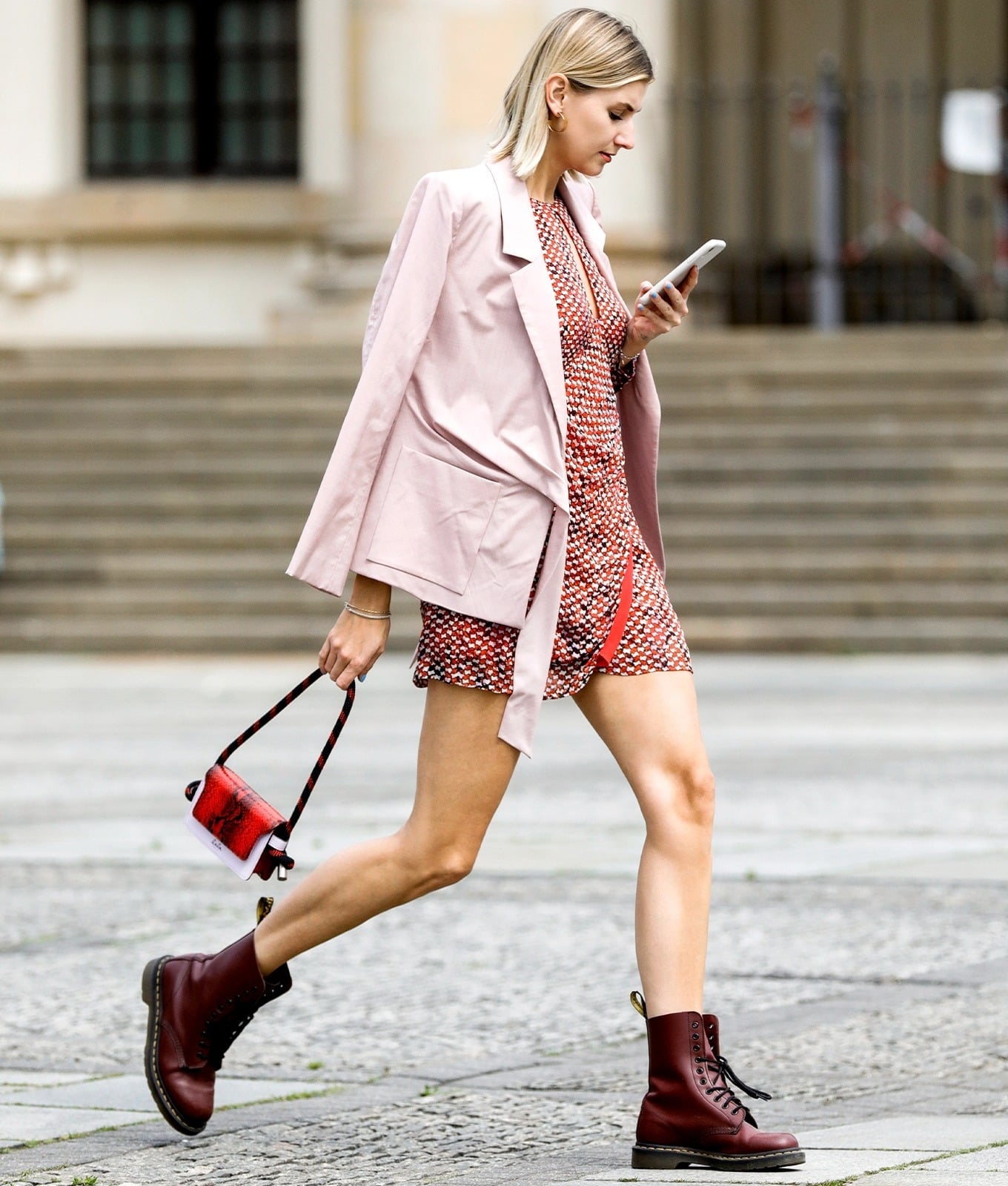 Burgundy Lace-Up Boots With Patterned Dress And Pink Blazer — Trendy Doc Martens Outfits