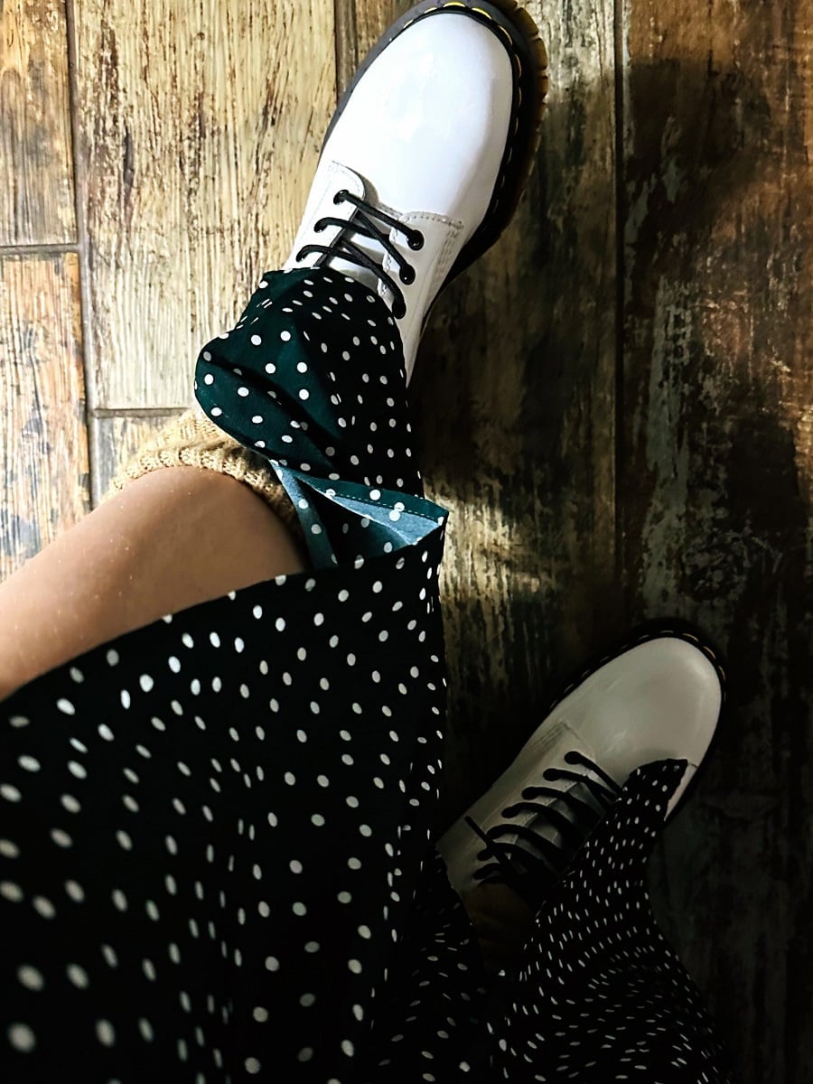 White Patent Boots With Polka Dot Skirt — Trendy Doc Martens Outfits