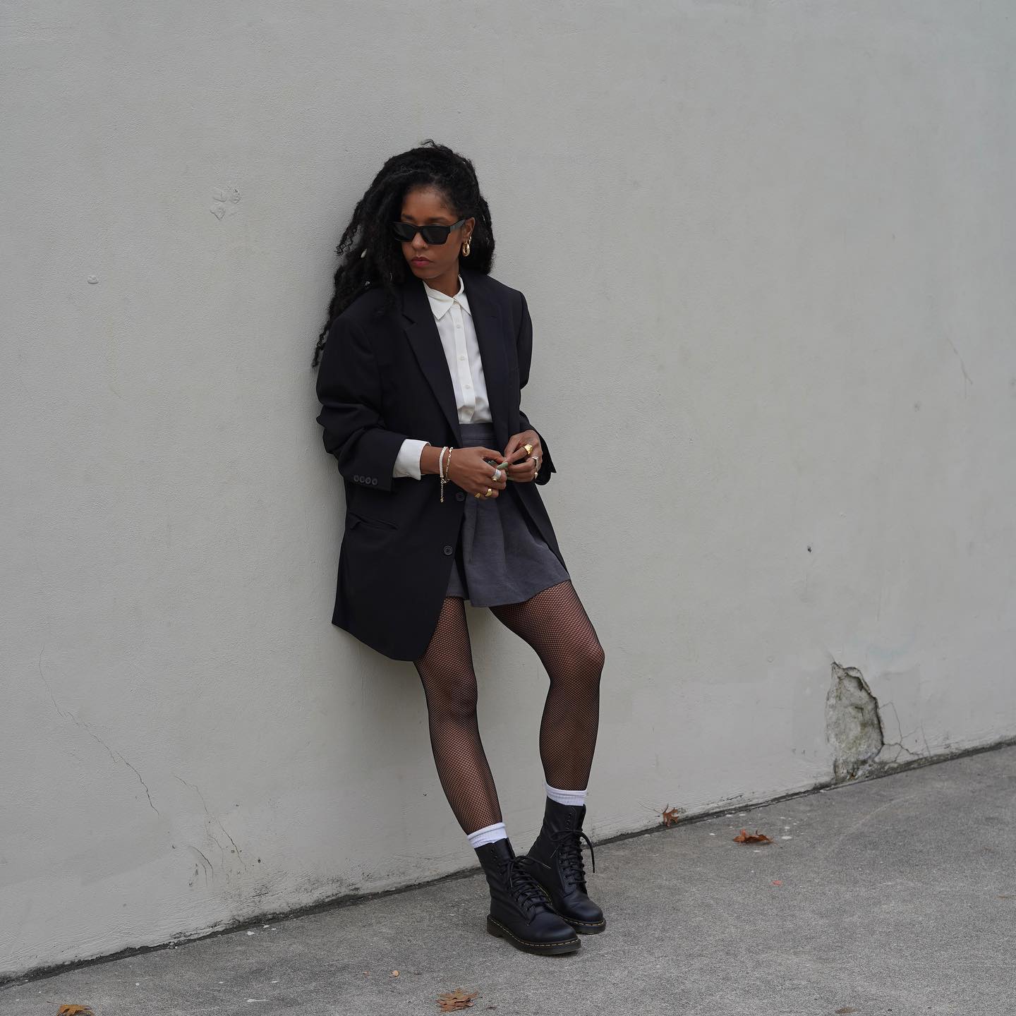 Platform Combat Boots With Pleated Mini Skirt And Blazer — Trendy Doc Martens Outfits