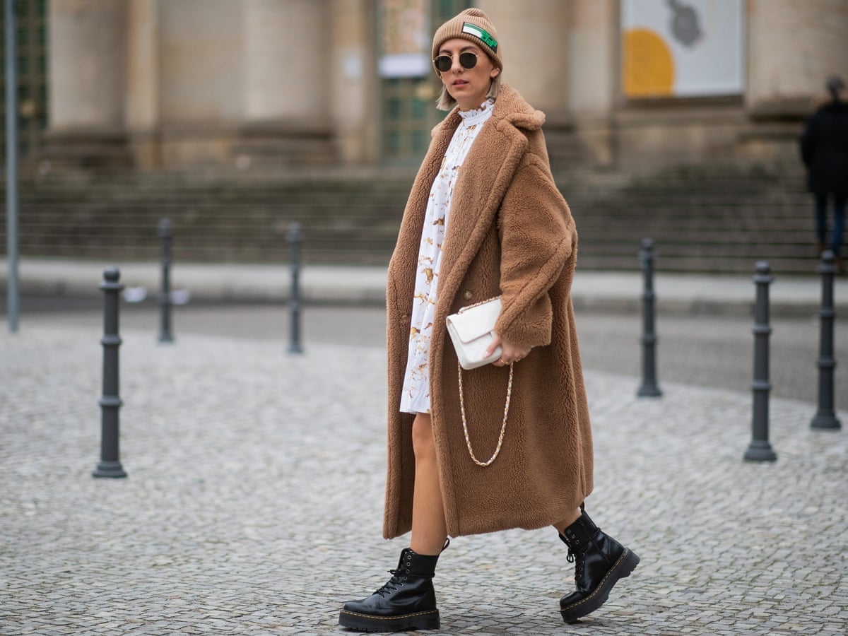 Chunky Platform Boots With Printed Midi Dress And Teddy Coat — Trendy Doc Martens Outfits
