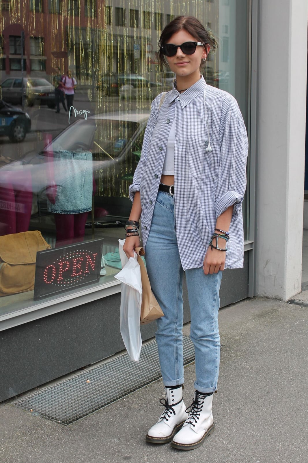 White Lace-Up Boots With Checked Shirt And Jeans — Trendy Doc Martens Outfits