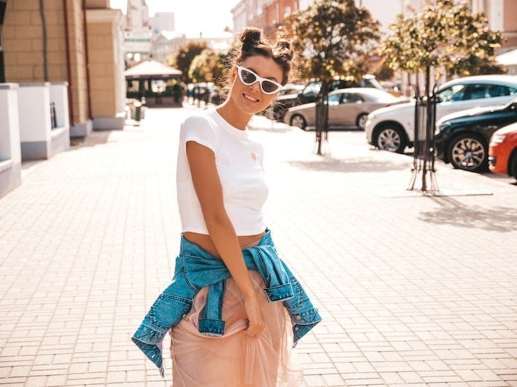 Denim Jacket Tied Around Waist with Full Skirt Denim Jacket Tied Around Waist with Full Skirt — Trendy Downtown Girl Outfits