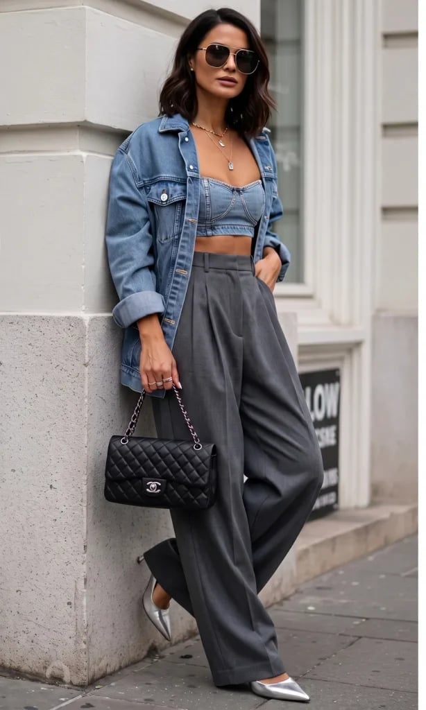 Denim Bralette and Oversized Jacket with Wool Trousers Denim Bralette and Oversized Jacket with Wool Trousers — Trendy Downtown Girl Outfits