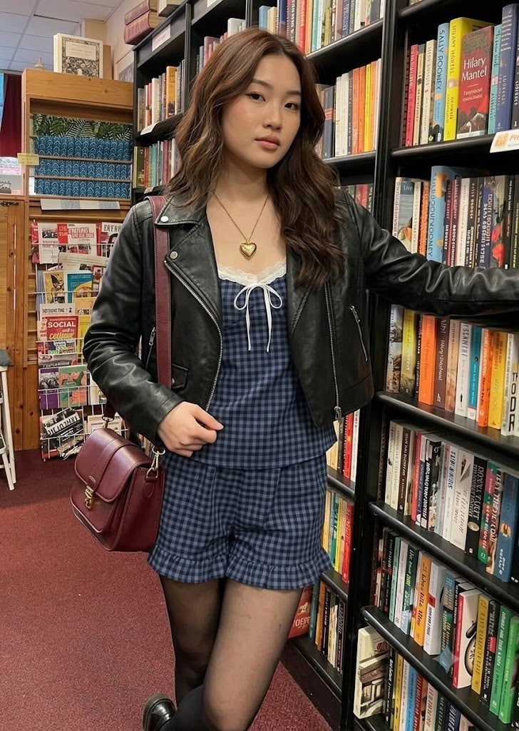 Leather Jacket with Gingham Shorts and Tights Leather Jacket with Gingham Shorts and Tights — Trendy Downtown Girl Outfits