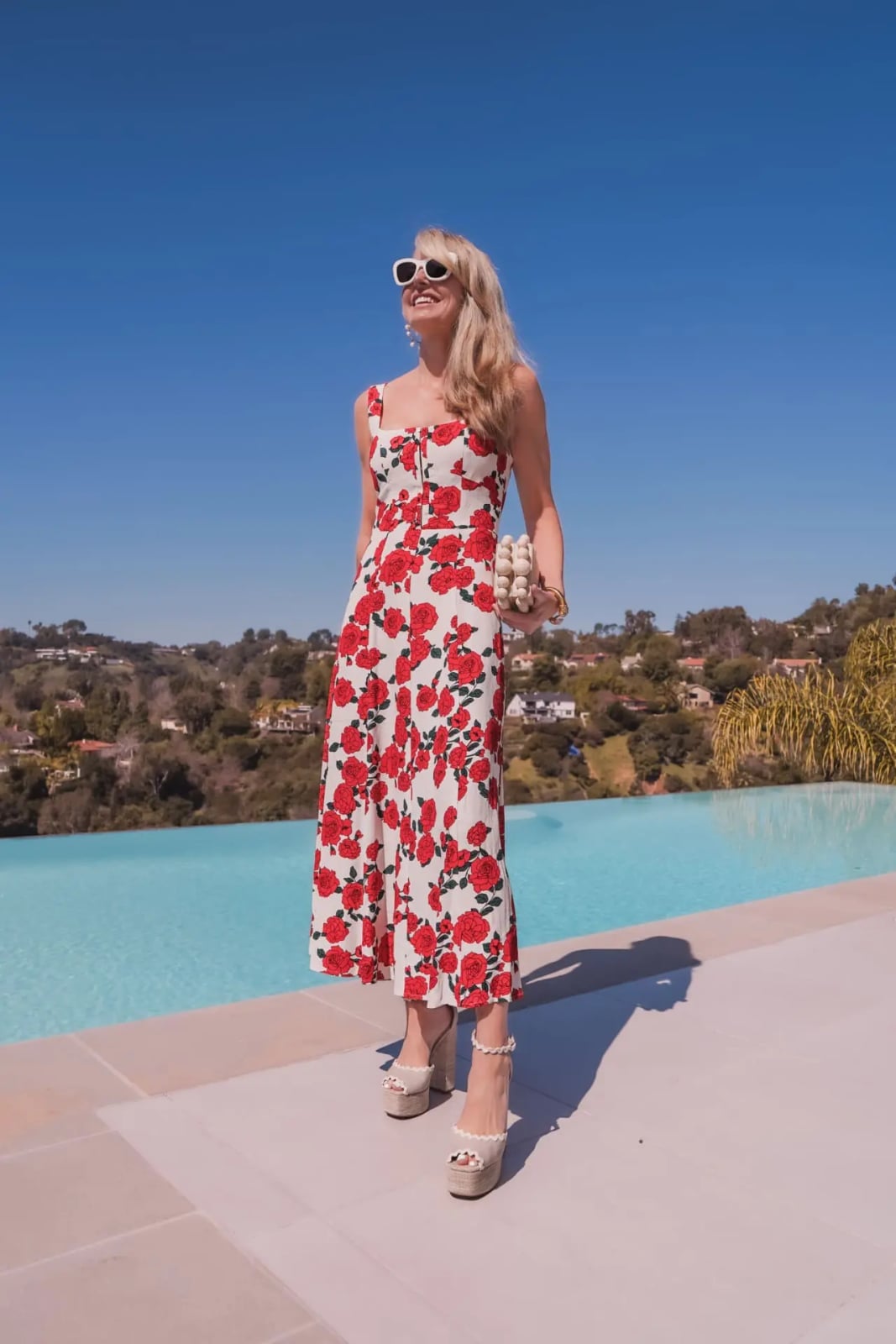 White Midi Dress with Bold Red Floral Print — Trendy Dress As Your Type