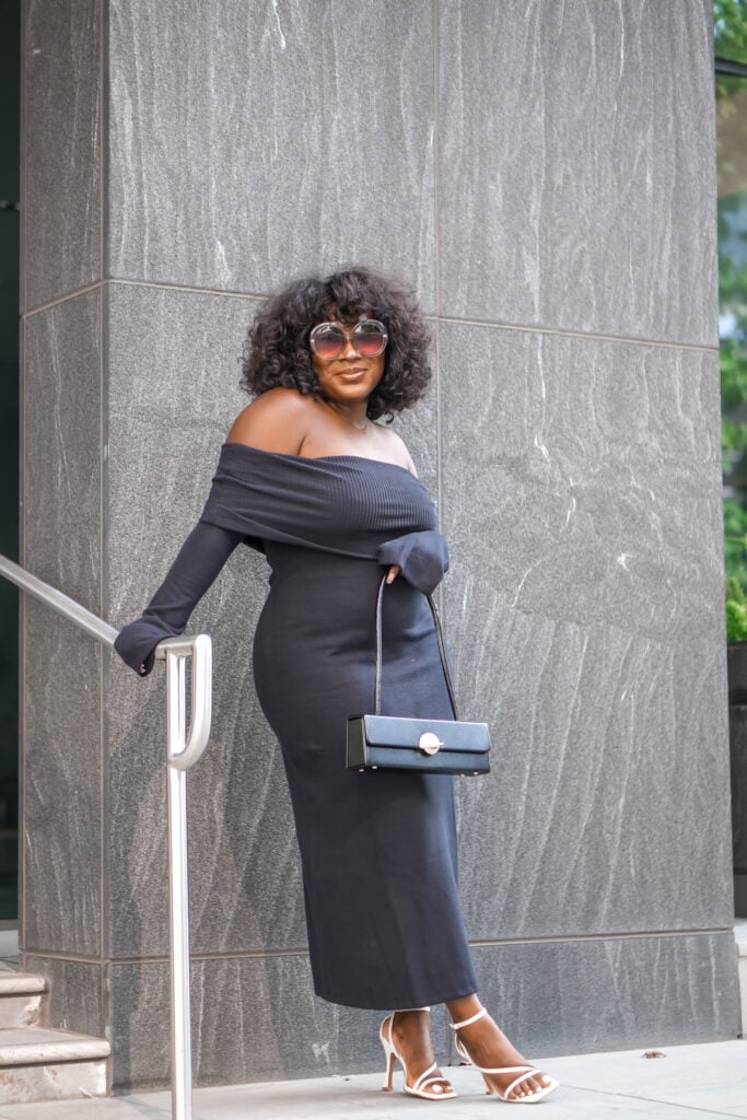 Black Off-the-Shoulder Midi Dress with Long Sleeves — Trendy Dress As Your Type