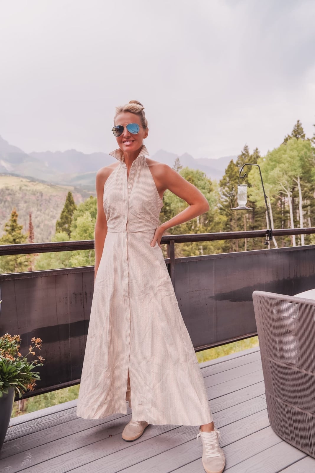 Beige and White Striped Halter Neck Maxi Dress — Trendy Dress As Your Type