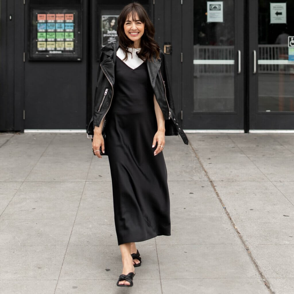 Black Silk Slip Dress Layered Over White T-shirt — Trendy Dress As Your Type