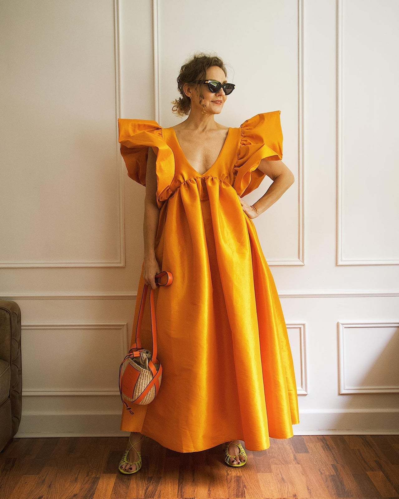 Voluminous Orange Satin Dress with Statement Sleeves Voluminous Orange Satin Dress with Statement Sleeves — Trendy Dress for Wedding Guest