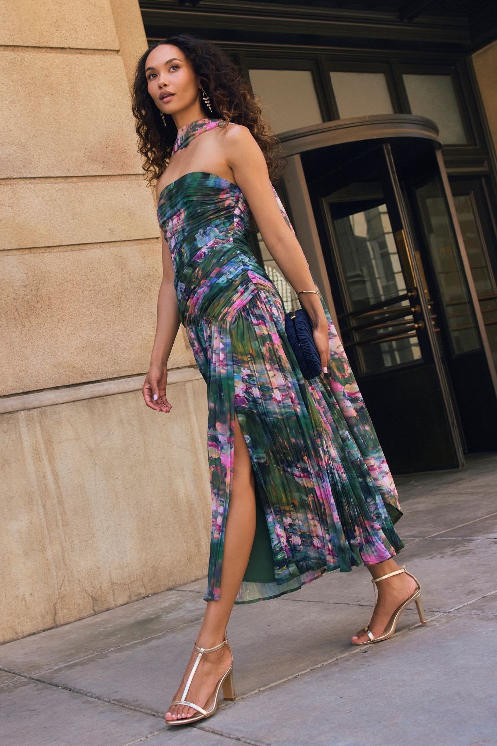 Green Pink Abstract Print Strapless Ruched Dress Green Pink Abstract Print Strapless Ruched Dress — Trendy Dress for Wedding Guest