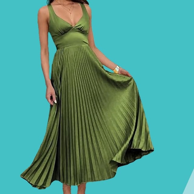 Olive Green Satin A-Line Dress with Pleats Olive Green Satin A-Line Dress with Pleats — Trendy Dress for Wedding Guest