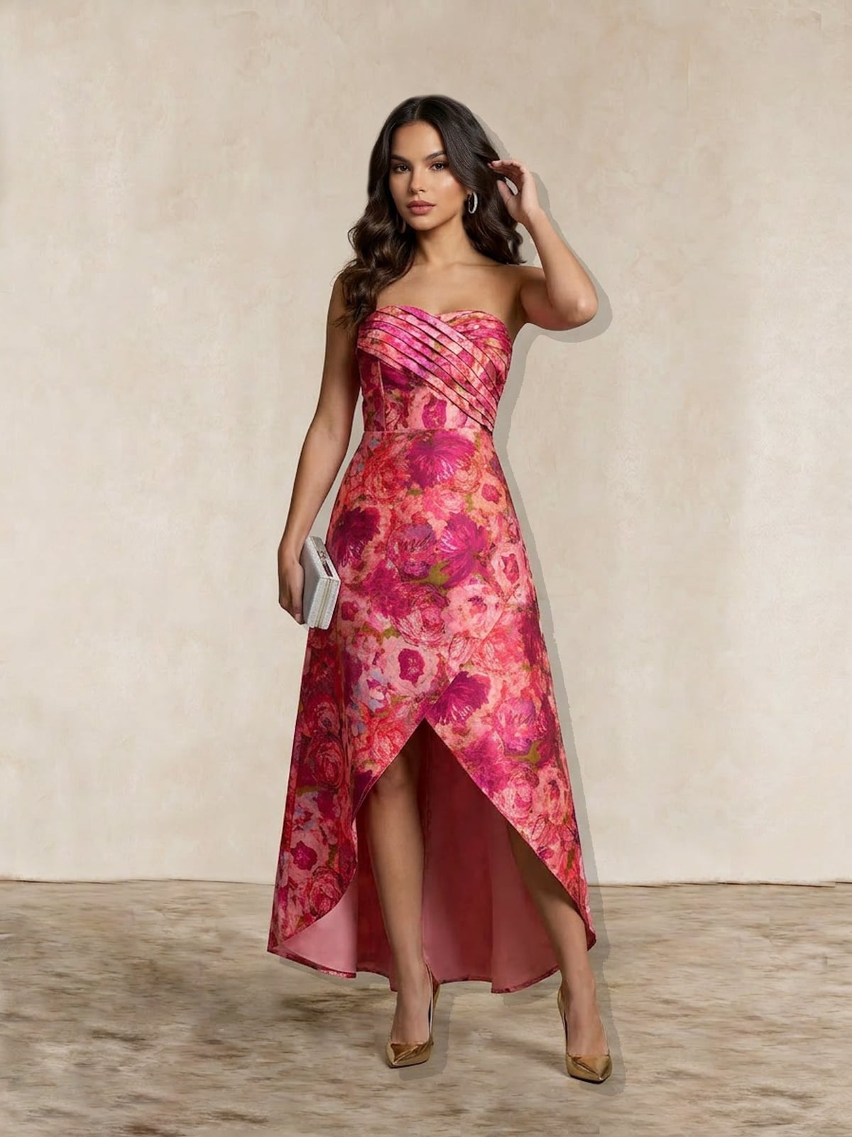 Pink Fuchsia Floral High-Low Satin Dress Pink Fuchsia Floral High-Low Satin Dress — Trendy Dress for Wedding Guest