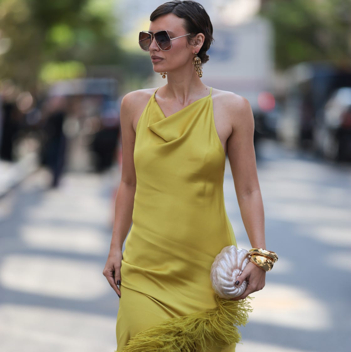 Yellow Satin Slip Dress with Feather Trim Yellow Satin Slip Dress with Feather Trim — Trendy Dress for Wedding Guest