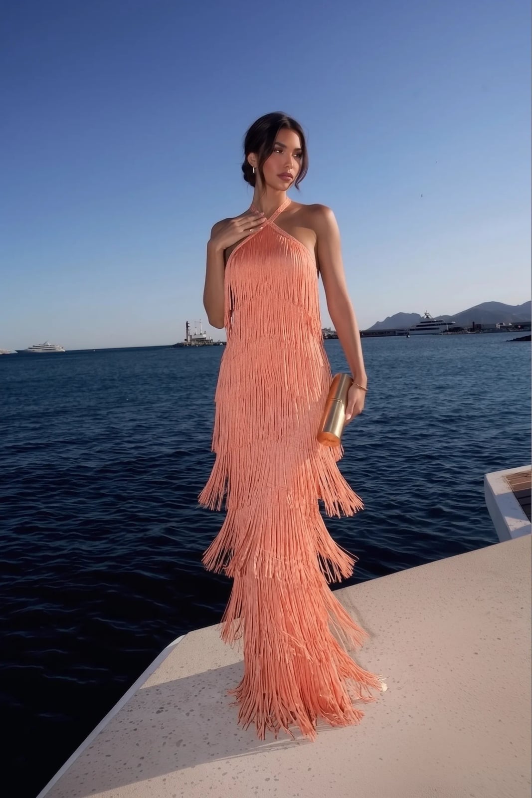 Peach Halter Neck Fringe Column Dress Peach Halter Neck Fringe Column Dress — Trendy Dress for Wedding Guest
