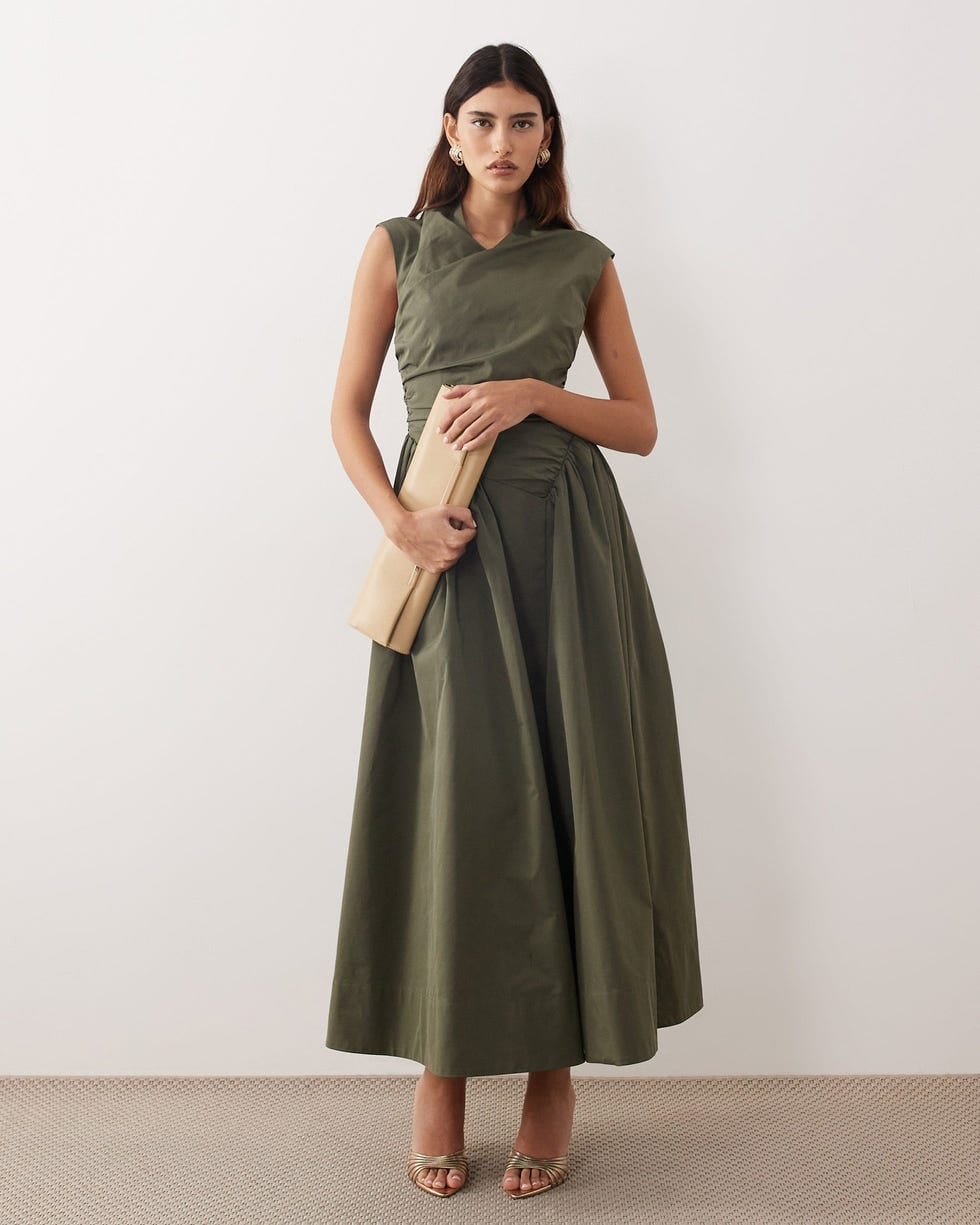 Olive Green Wrap Bodice Midi Dress Olive Green Wrap Bodice Midi Dress — Trendy Dress for Wedding Guest