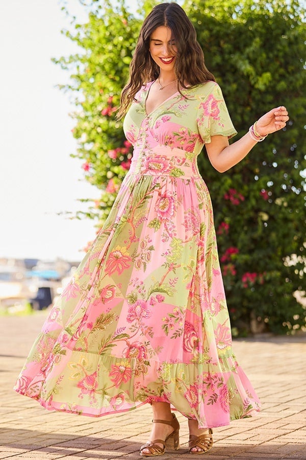 Pink Green Floral Chiffon Maxi Dress Pink Green Floral Chiffon Maxi Dress — Trendy Dress for Wedding Guest