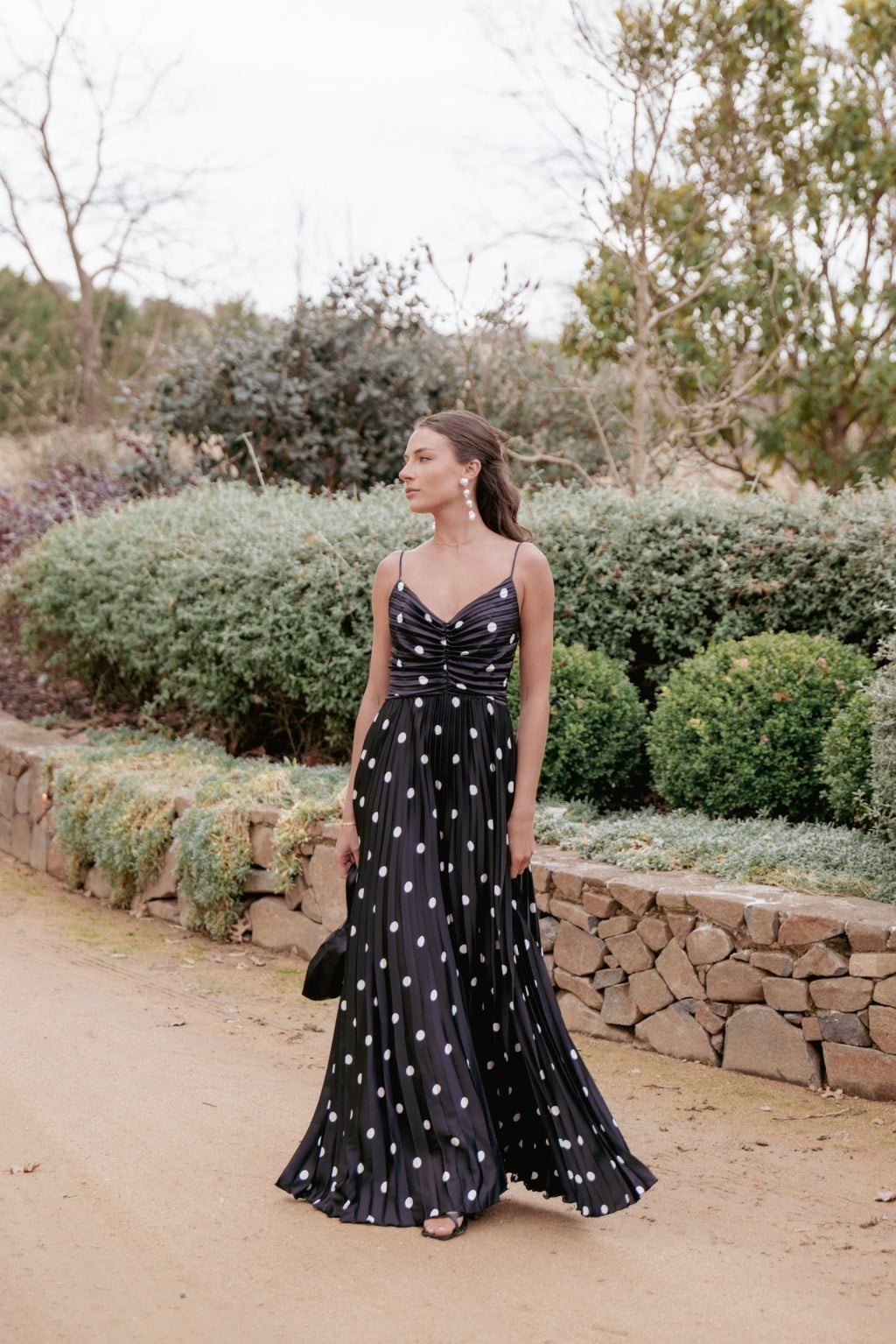 Navy Polka Dot Maxi Dress with Pleated Skirt Navy Polka Dot Maxi Dress with Pleated Skirt — Trendy Dress for Wedding Guest