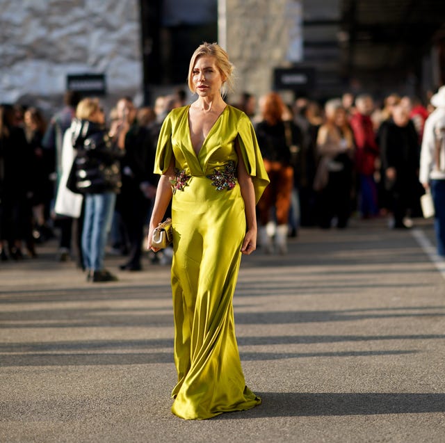 Lime Green Satin Gown with Cape Sleeves Lime Green Satin Gown with Cape Sleeves — Trendy Dress for Wedding Guest