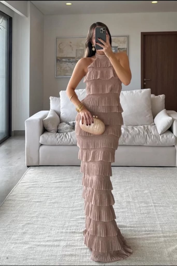 Rose Gold Halter Neck Tiered Bodycon Dress Rose Gold Halter Neck Tiered Bodycon Dress — Trendy Dress for Wedding Guest
