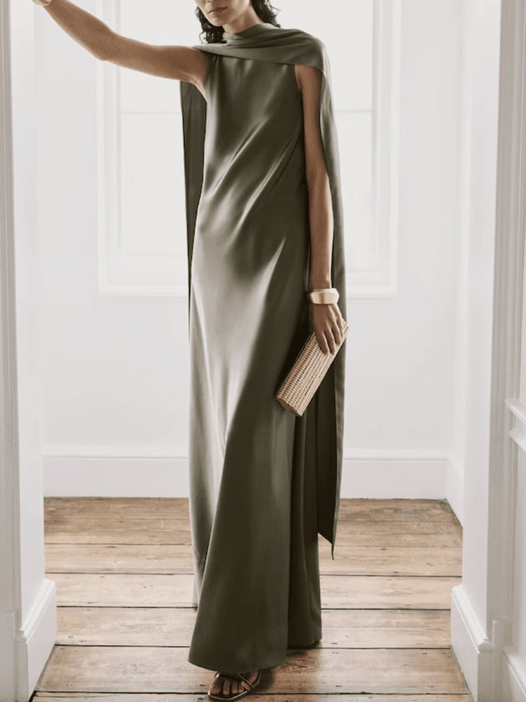 Olive Green Crepe Column Dress with Cape Detail Olive Green Crepe Column Dress with Cape Detail — Trendy Dress for Wedding Guest