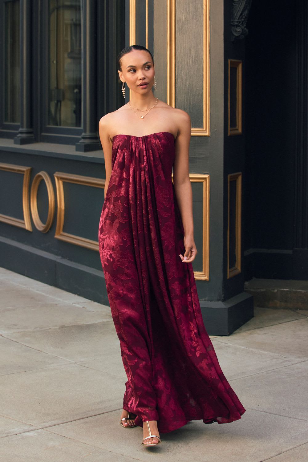 Deep Red Jacquard Strapless Maxi Dress Deep Red Jacquard Strapless Maxi Dress — Trendy Dress for Wedding Guest