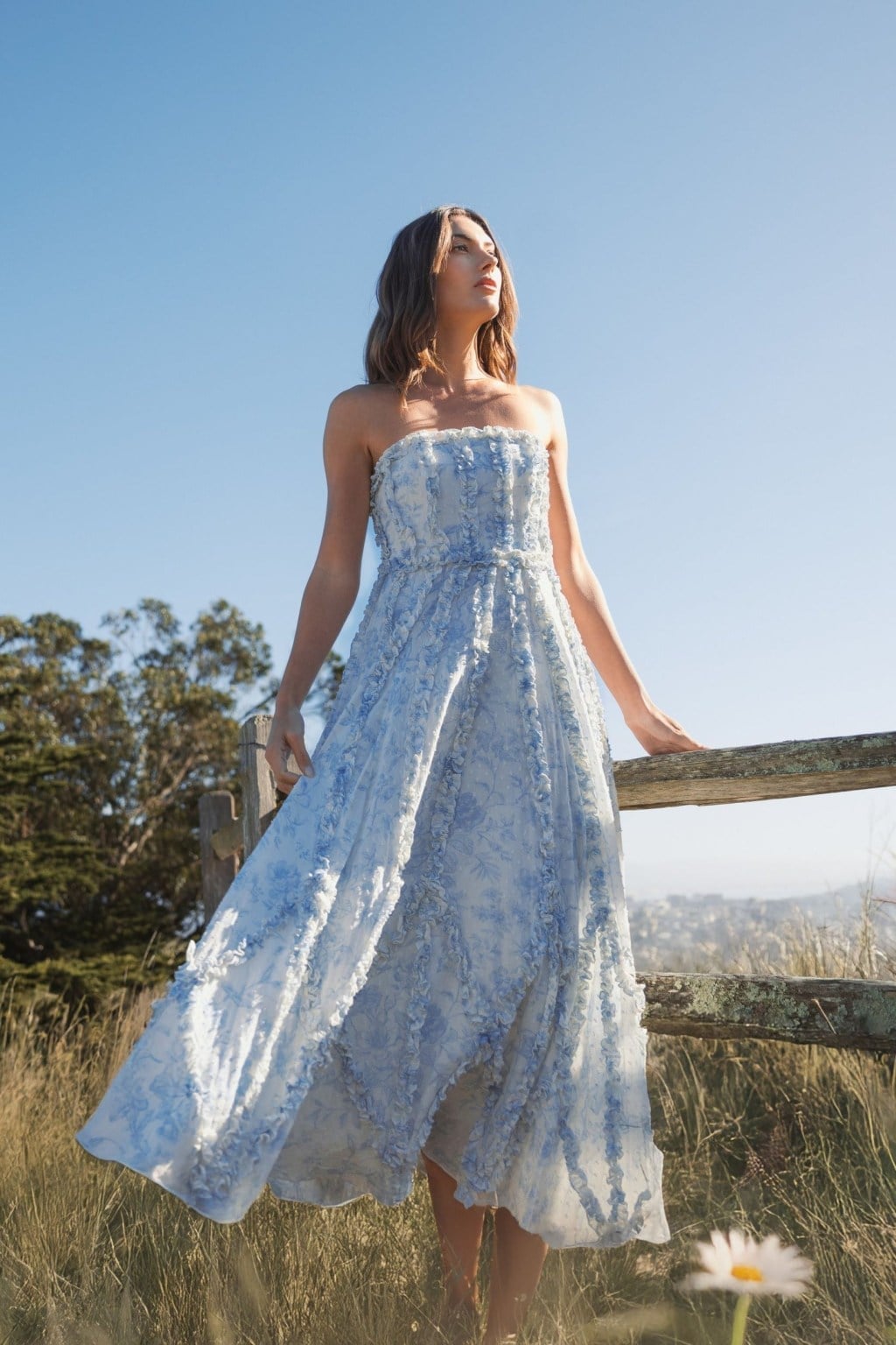 Light Blue Floral Print Chiffon Strapless Dress Light Blue Floral Print Chiffon Strapless Dress — Trendy Dress for Wedding Guest