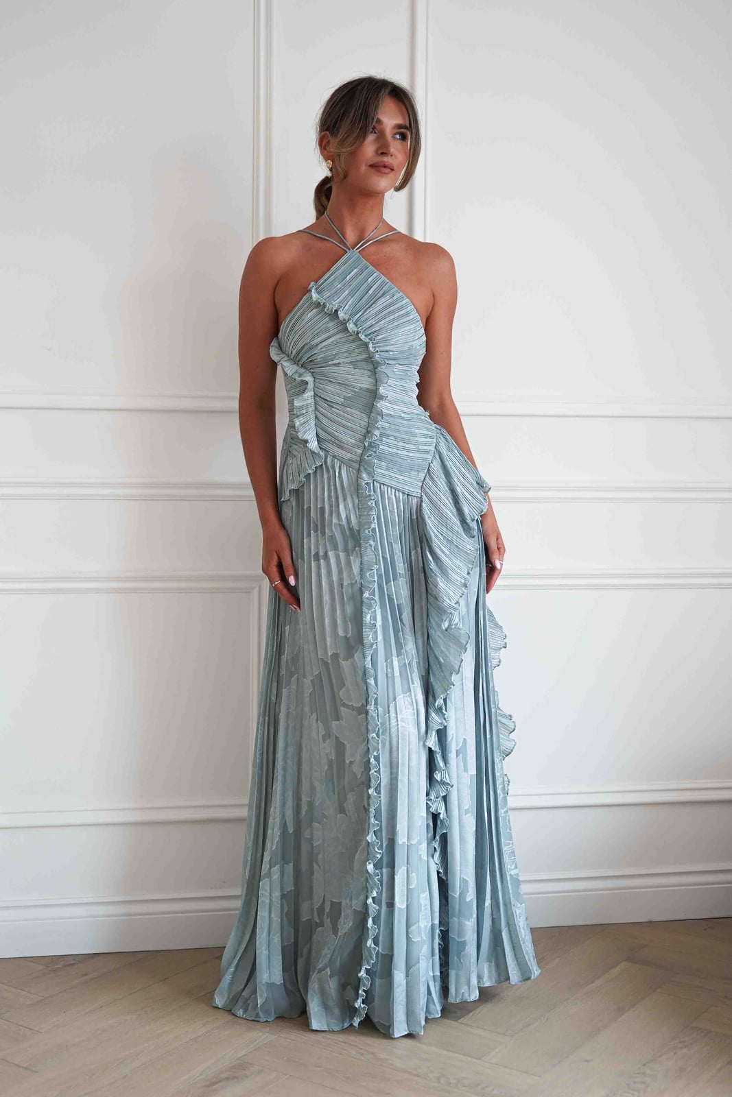 Pale Blue Pleated Halter Neck Maxi Dress Pale Blue Pleated Halter Neck Maxi Dress — Trendy Dress for Wedding Guest