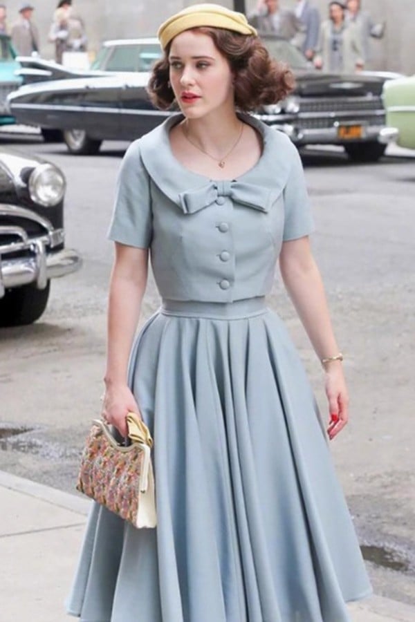 Light Blue Vintage-Inspired Dress With Bow Collar Light Blue Vintage-Inspired Dress With Bow Collar — Trendy Dress Like a Celebrity