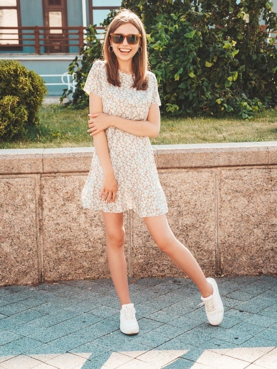 Floral Print A-Line Mini Dress with Sneakers Floral Print A-Line Mini Dress with Sneakers — Trendy Dresses for Teens