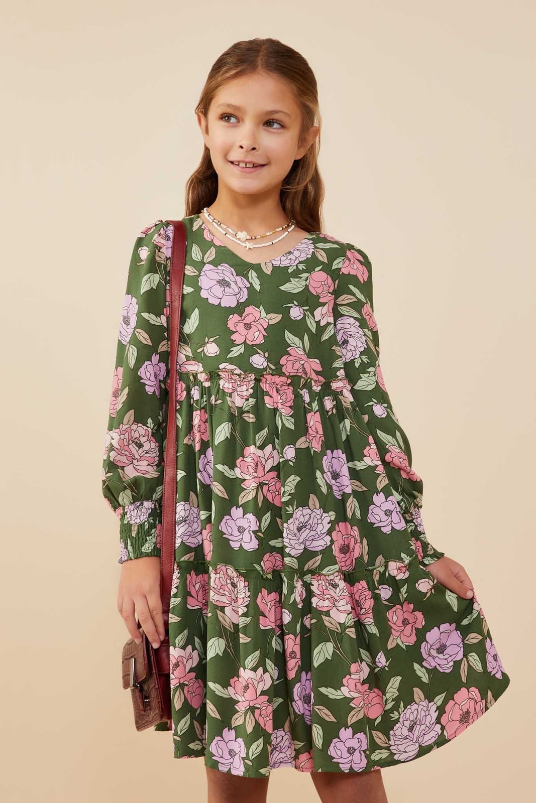 Green Floral Print Tiered Long Sleeve Dress Green Floral Print Tiered Long Sleeve Dress — Trendy Dresses for Teens