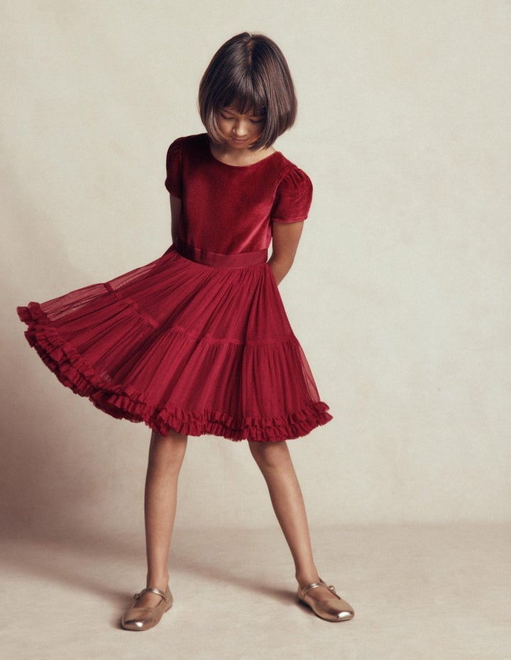 Red Velvet and Tulle A-Line Party Dress With Gold Flat Shoes Red Velvet and Tulle A-Line Party Dress With Gold Flat Shoes — Trendy Dresses for Teens