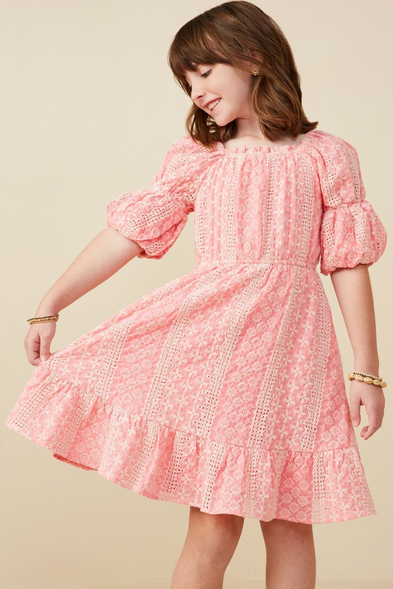 Pink Eyelet Lace A-Line Dress with Puff Sleeves Pink Eyelet Lace A-Line Dress with Puff Sleeves — Trendy Dresses for Teens
