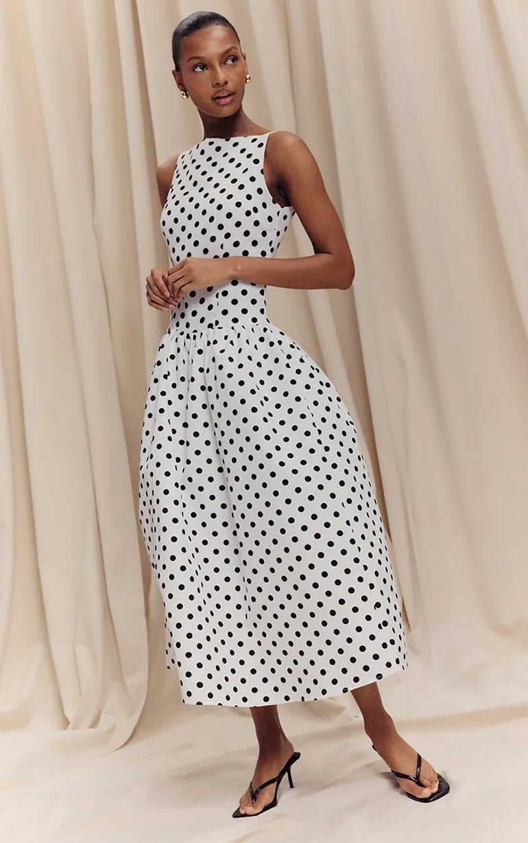 White Polka Dot Drop Waist Midi Dress — Trendy Drop Waist Dresses