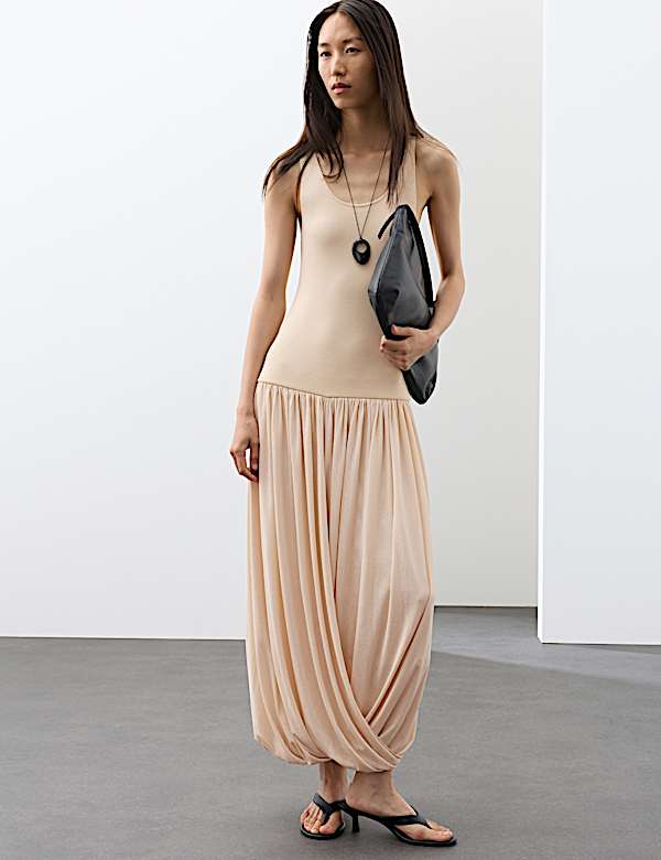 Pale Beige Draped Maxi Dress With Tank Top Bodice — Trendy Drop Waist Dresses