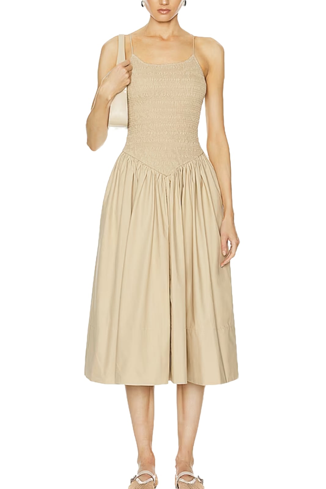 Beige Drop Waist Dress With Smocked Bodice and Full Skirt — Trendy Drop Waist Dresses