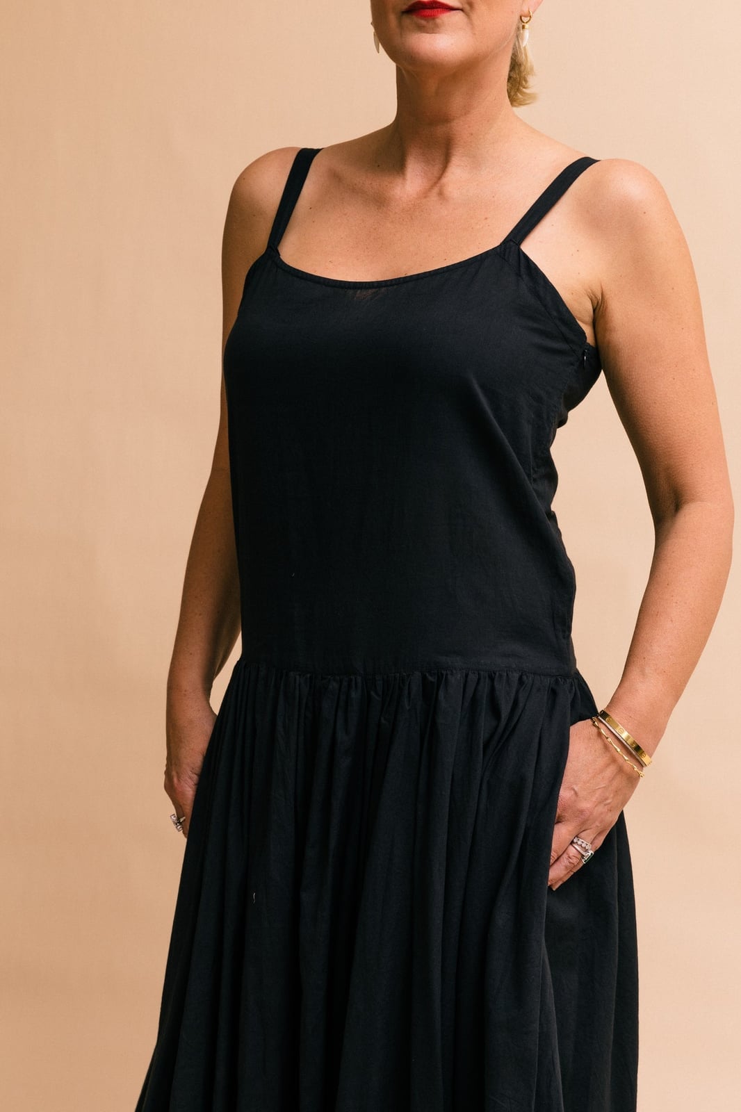 Black Spaghetti Strap Dress With Gathered Drop Waist Detail — Trendy Drop Waist Dresses