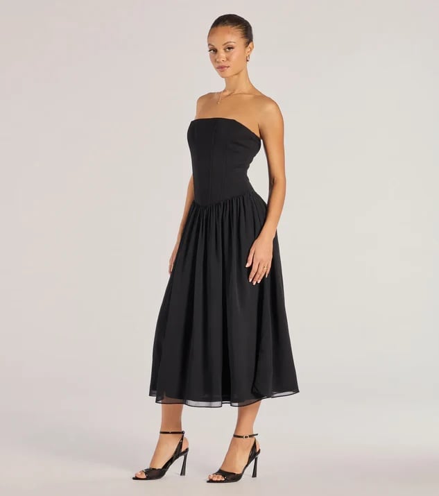 Black Strapless Midi Dress With Corset Bodice and Sheer Hem — Trendy Drop Waist Dresses