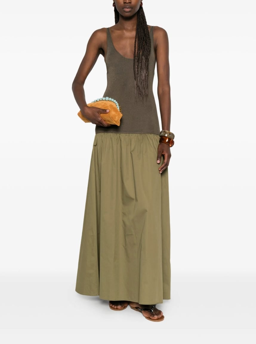 Olive Green Maxi Dress With Knit Tank Top and Cotton Skirt — Trendy Drop Waist Dresses