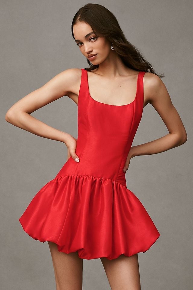 Red Satin Sleeveless Mini Dress With Bubble Hem — Trendy Drop Waist Dresses