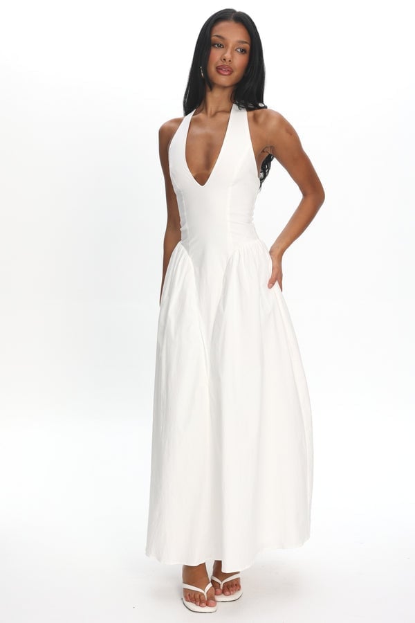 White Halter Neck Maxi Dress With Voluminous Gathered Skirt — Trendy Drop Waist Dresses