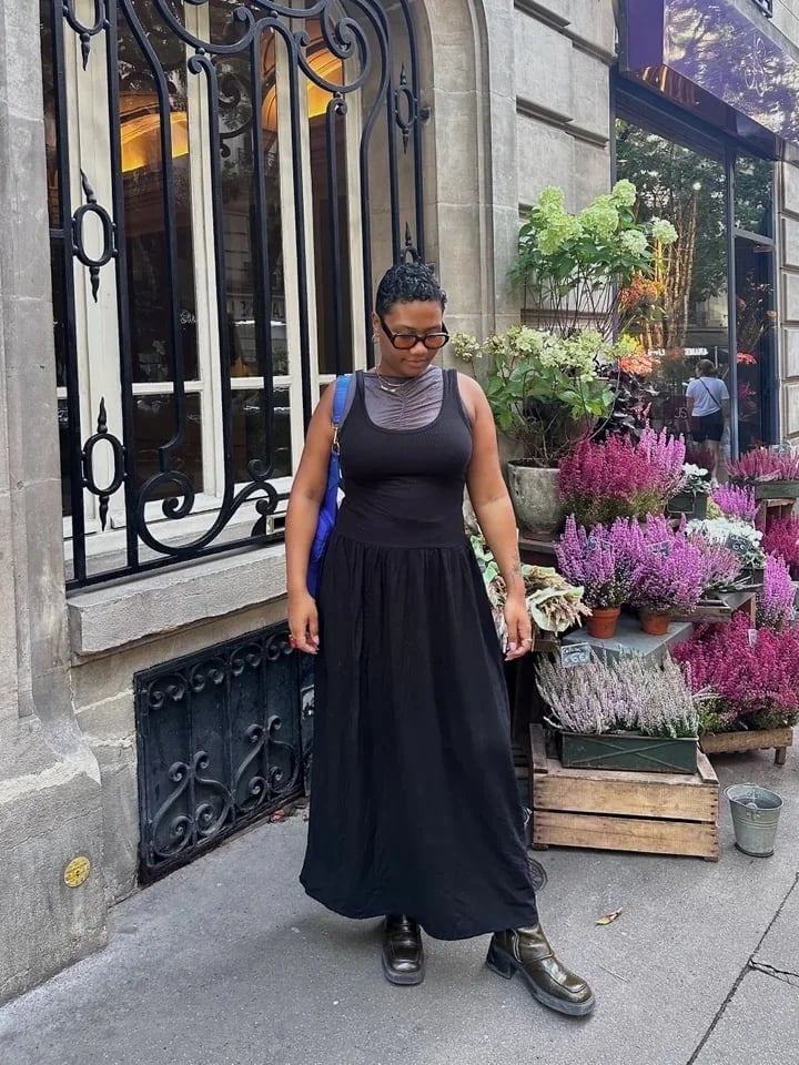 Black Midi Dress Layered Over Blue Jeans — Trendy Drop Waist Dresses