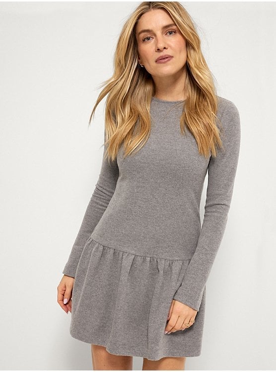Gray Knit Long Sleeve Mini Dress With Flared Skirt — Trendy Drop Waist Dresses