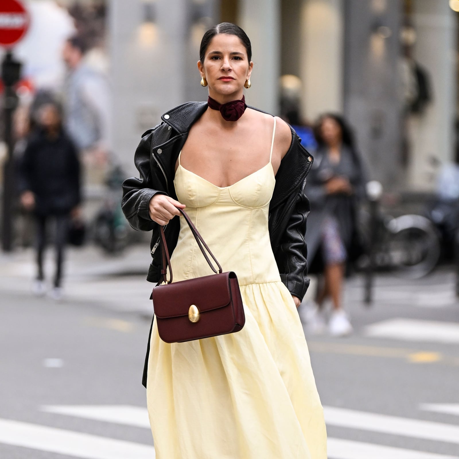 Pale Yellow Spaghetti Strap Dress With Leather Jacket — Trendy Drop Waist Dresses