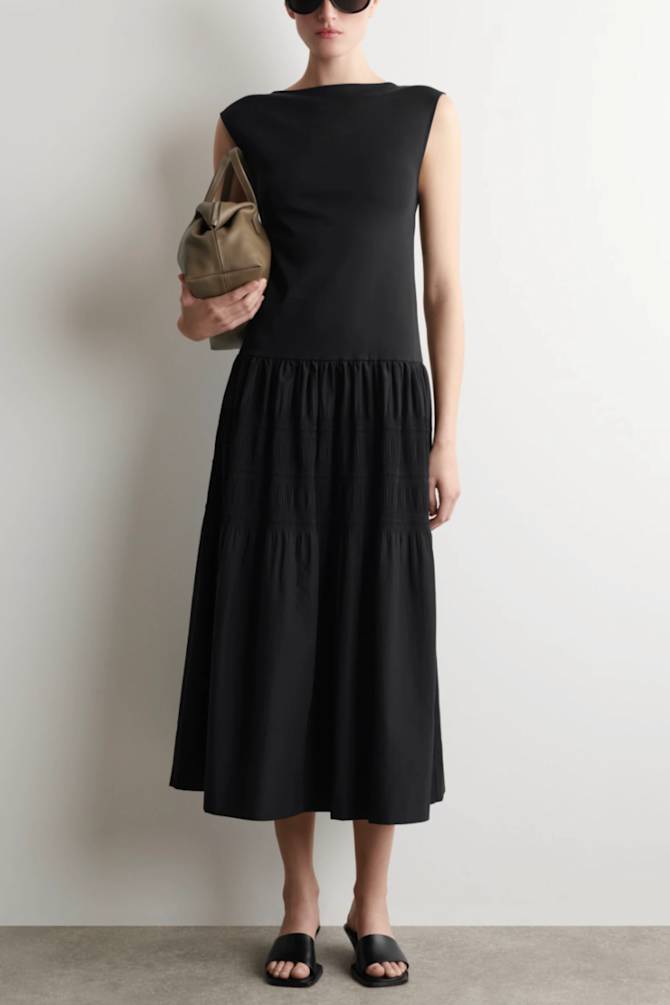 Black Midi Dress With Boat Neckline and Tiered Skirt — Trendy Drop Waist Dresses